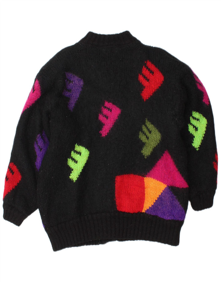 vintage Femmes Graphique Cardigan Pull Taille Unique Noir Géométrique