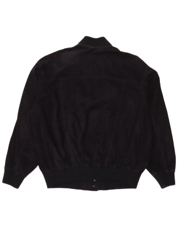 vintage Mens Suede Bomber Jacket IT 50 Grand Cuir Bleu Marine