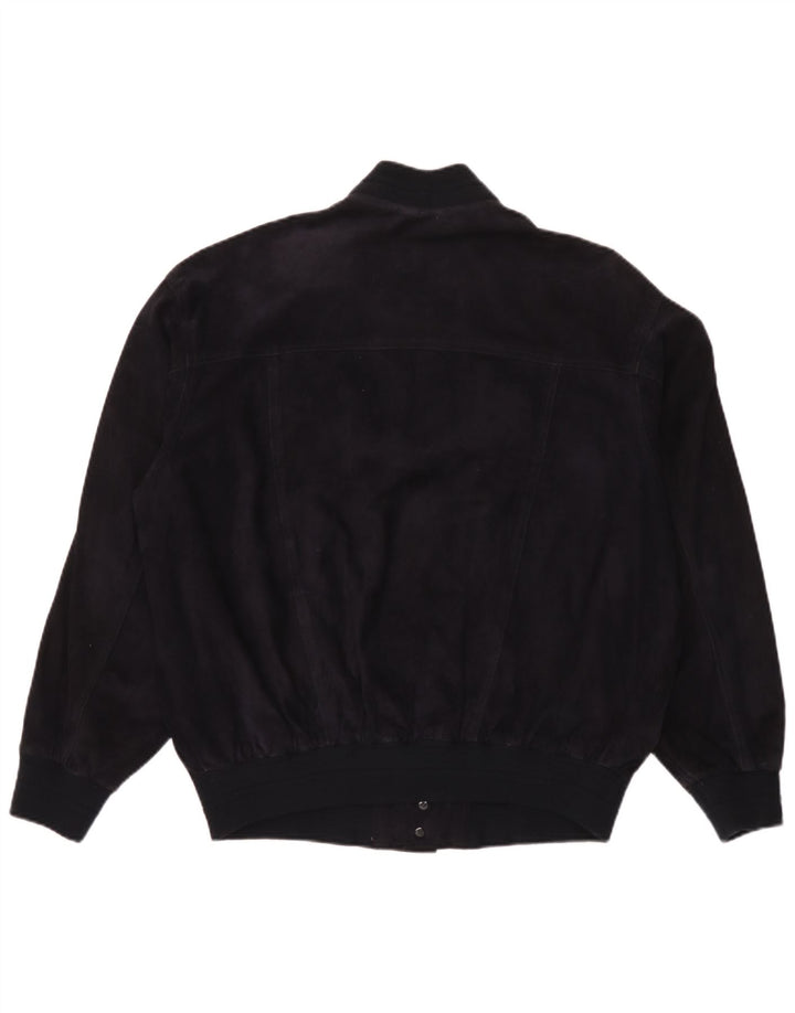 vintage Mens Suede Bomber Jacket IT 50 Grand Cuir Bleu Marine