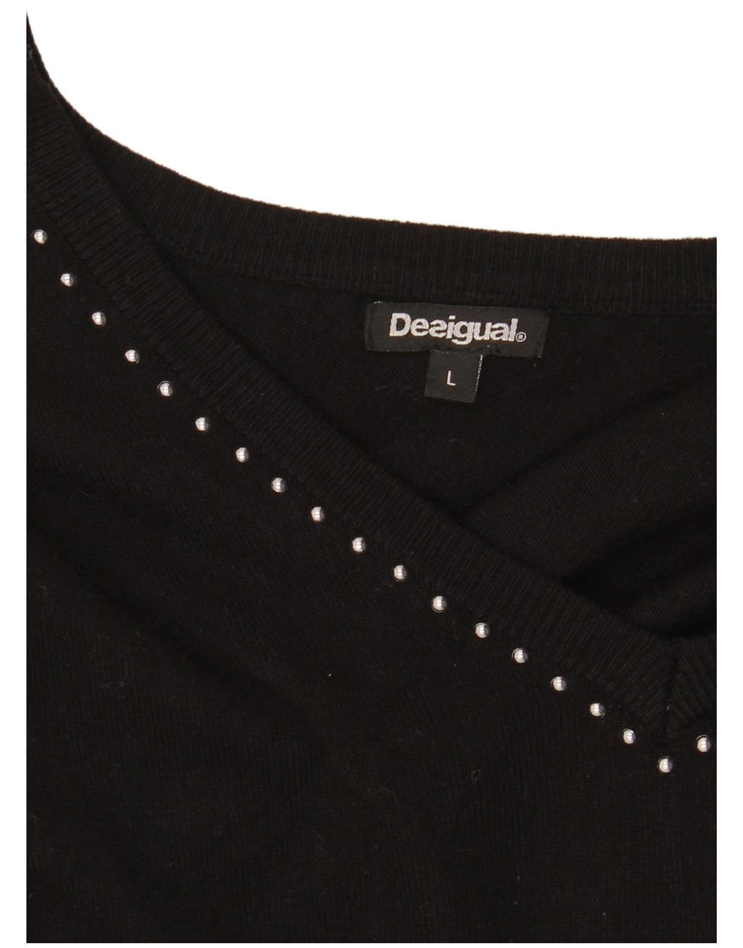 DESIGUAL Pull graphique à col en V pour femme UK 16 Large Noir Synthétique