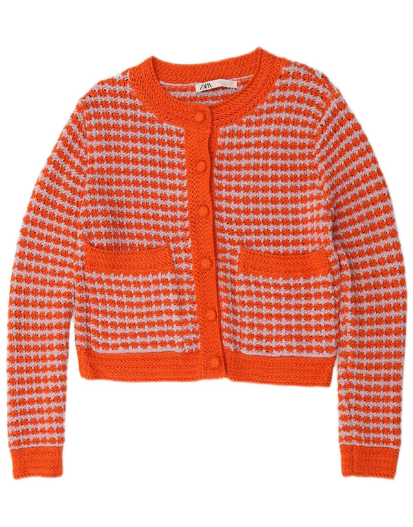 Zara Womens Crop Cardigan Sweater UK 10 Petit Orange Check Acrylique
