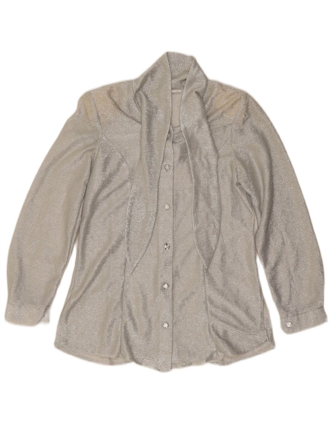 vintage Femme Front Tie Shirt Blouse UK 12 Moyen Argent Moucheté