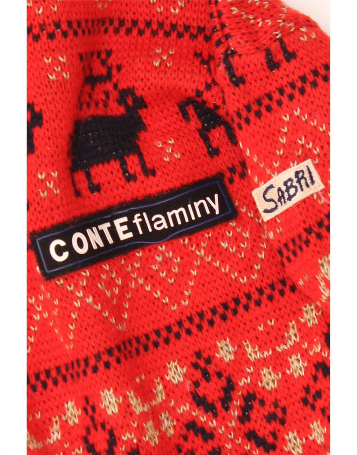 vintage Mens Crew Neck Jumper Pull Grande laine rouge Fair Isle