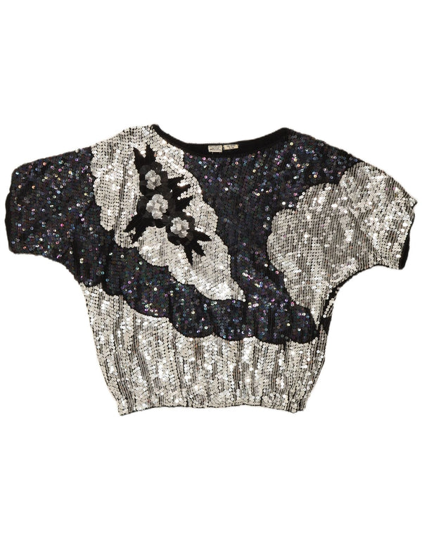 vintage Femmes Soirée Sequin Blouse Top UK 10 Petit Multicolore