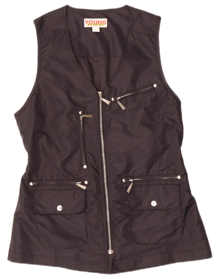 VINTAGE Gilet utilitaire femme UK 10/12 Moyen Noir Polyamide