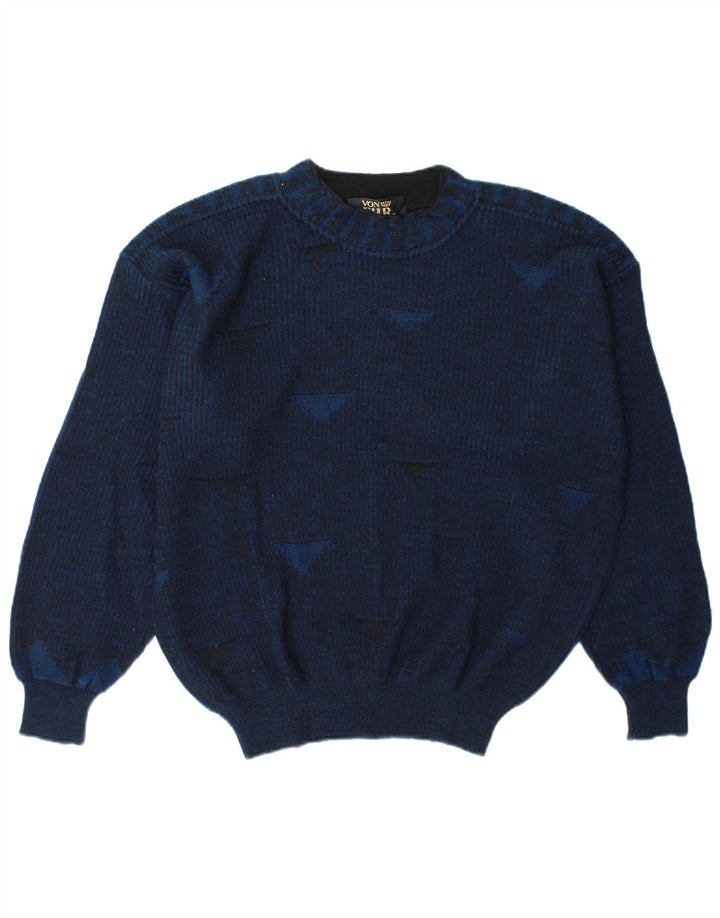 vintage Mens Crew Neck Jumper Pull Grand Bleu Marine Géométrique