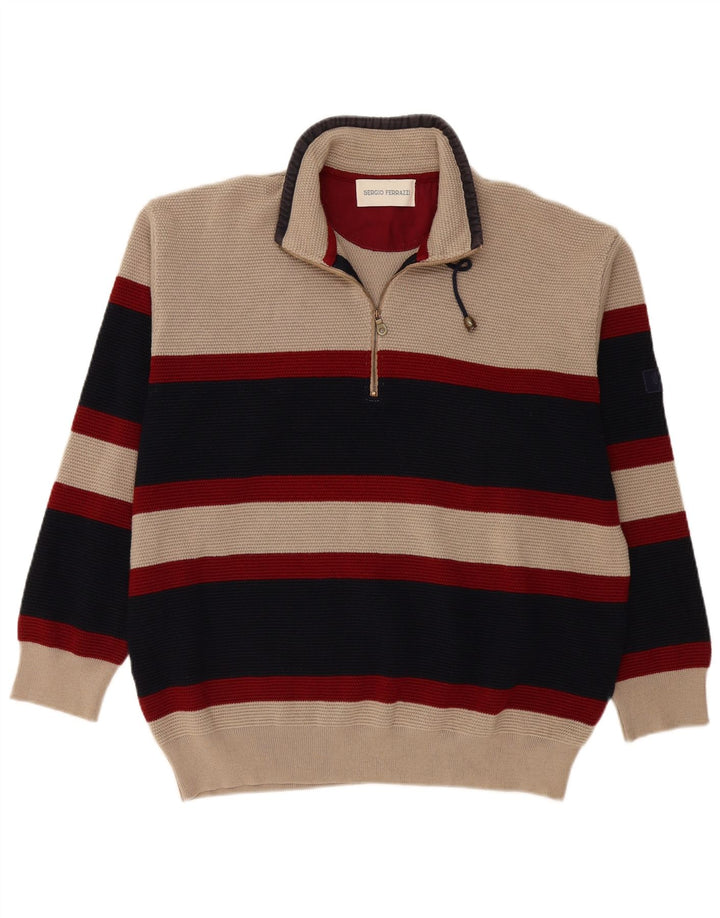 vintage Mens Zip Neck Jumper Pull IT 56 2XL Beige Colorblock