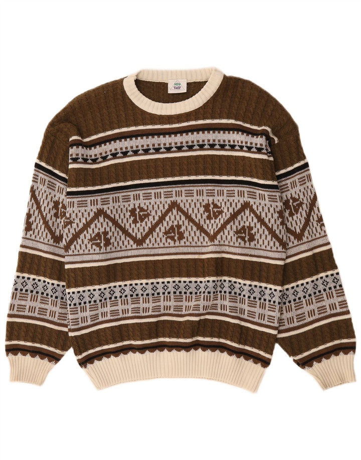 New Fast Pull Col Bateau Homme Marron Moyen Fair Isle