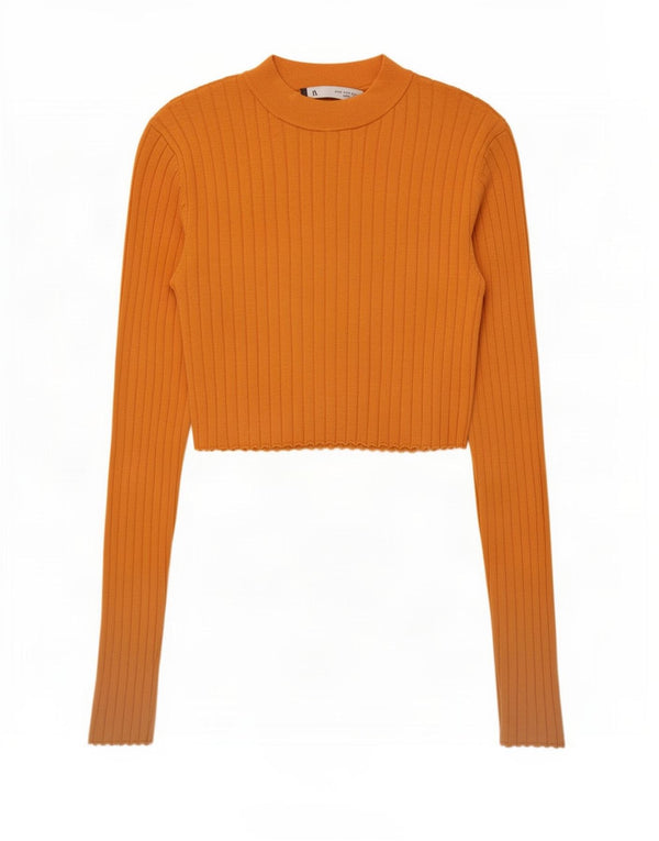 Zara Womens Crop Top Long Sleeve UK 8 Small Orange Viscose