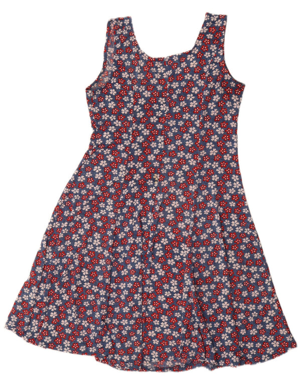 vintage Femme Robe A-Line sans manches UK 14 Polyester Floral Bleu Moyen