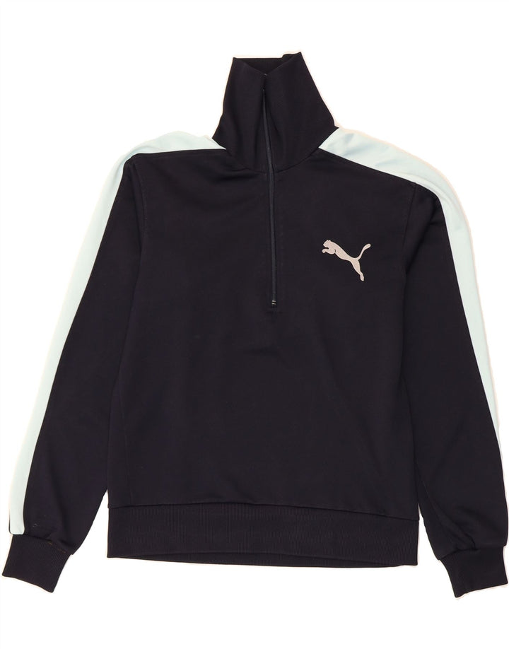 PUMA Mens Graphic Zip Neck Sweatshirt Jumper Medium Navy Blue Colourblock Vintage Puma and Second-Hand Puma from Messina Hembry 