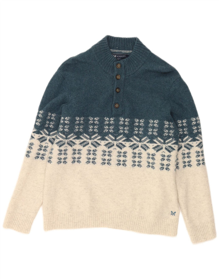 CREW CLOTHING Pull à col boutonné pour homme Taille L Bleu Fair Isle