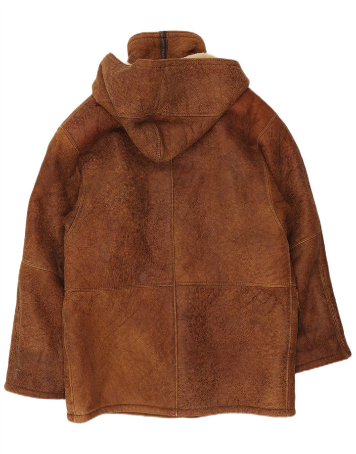 VINTAGE Veste en peau de mouton à capuche pour homme IT 50 Grande peau de mouton marron