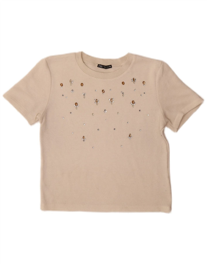 Zara Femme T-Shirt Top UK 12 Beige Moyen
