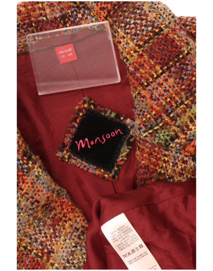 Monsoon Veste Blazer 1 Bouton Femme UK 12 Laine à Carreaux Marron Moyen