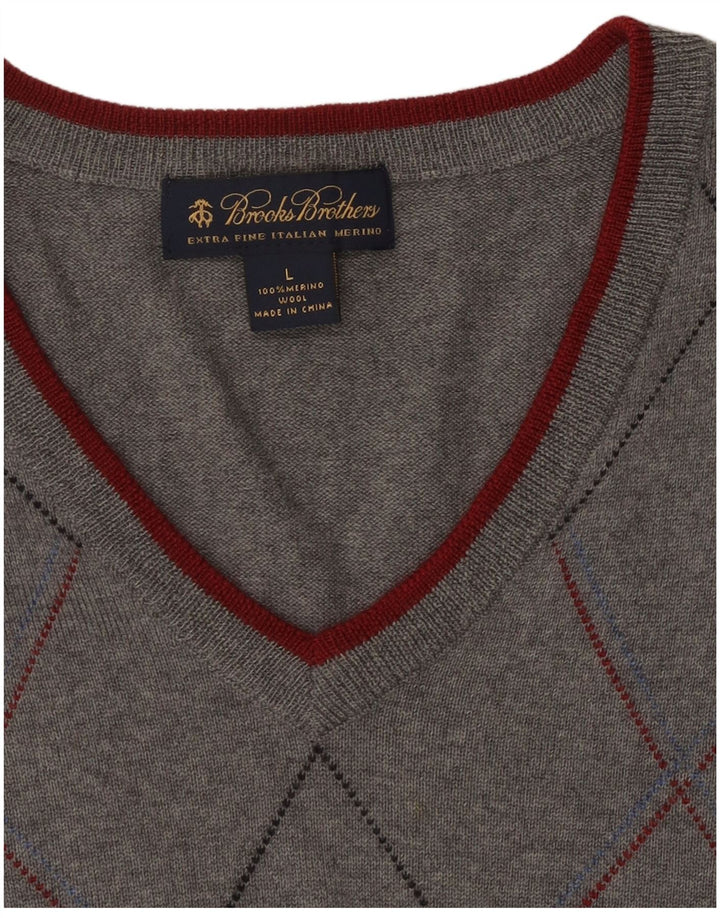 BROOKS BROTHERS Pull à col en V pour homme Taille L Gris Argyle/Diamant