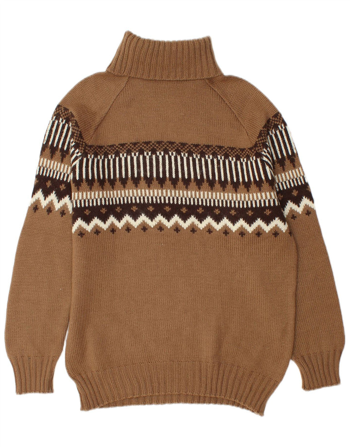 vintage Mens Roll Neck Jumper Pull Moyen Brun Fair Isle Laine