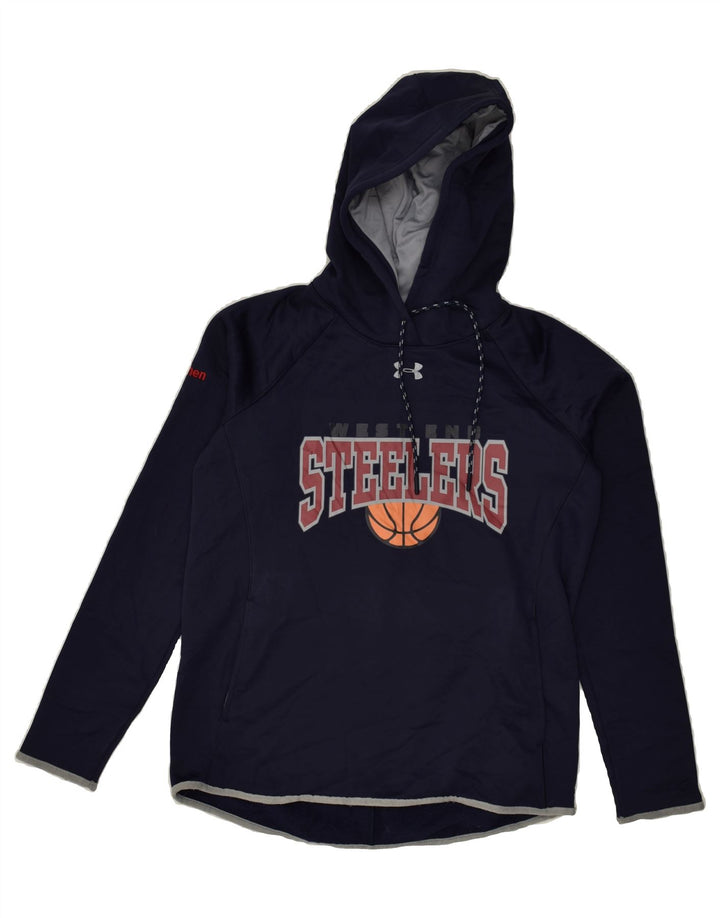 UNDER ARMOUR Mens Graphic Hoodie Jumper Small Navy Blue Polyester | Vintage Under Armour | Thrift | Second-Hand Under Armour | Used Clothing | Messina Hembry 