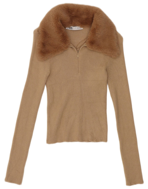 Zara Womens Crop Top Manches Longues UK 8 Petit Beige