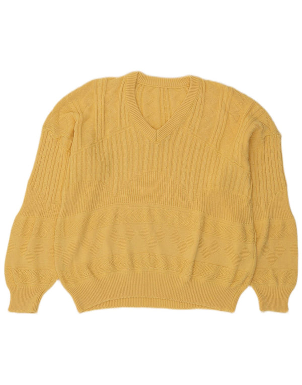 vintage Femmes Surdimensionné Col V Pull Pull UK 14 Coton Jaune Moyen