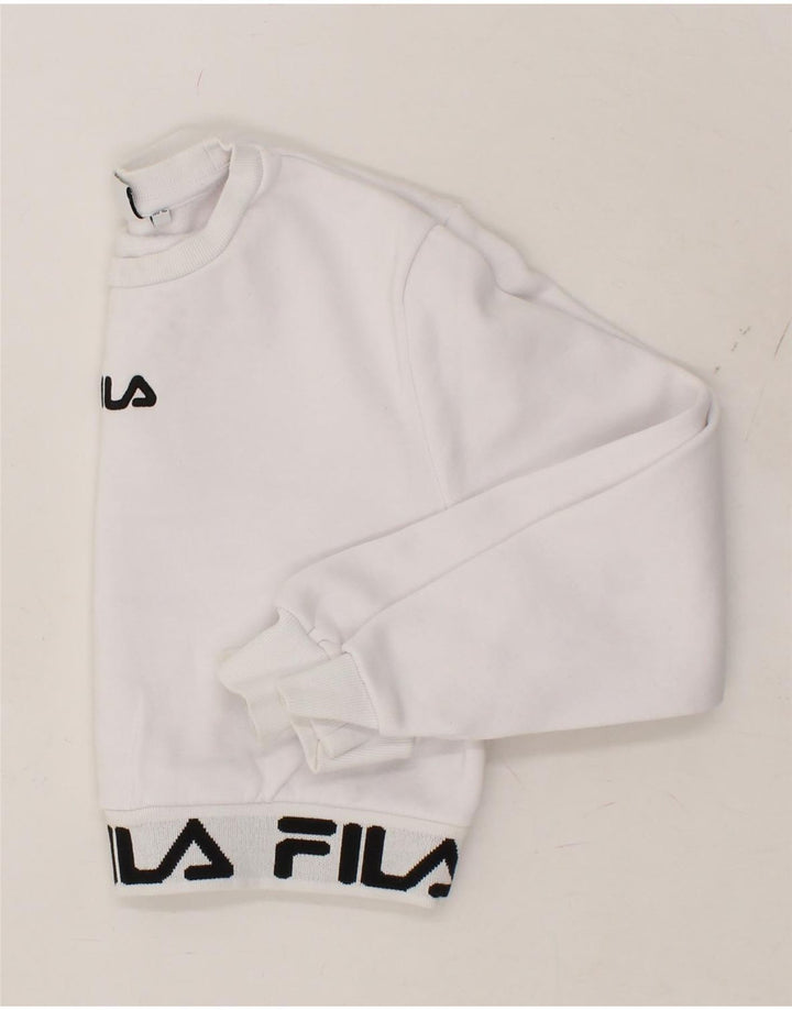 FILA Womens Crop Graphic Sweatshirt Jumper UK 12 Medium White Cotton Vintage Fila and Second-Hand Fila from Messina Hembry 
