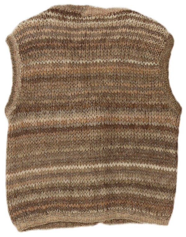 vintage Femmes Sans Manches Cardigan Pull UK 10 Petit Brun Rayé