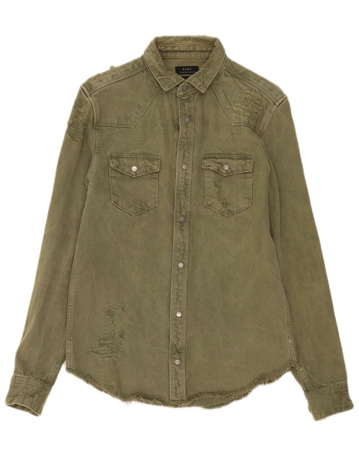 ZARA Chemise en jean coupe décontractée en détresse pour homme Petit coton kaki
