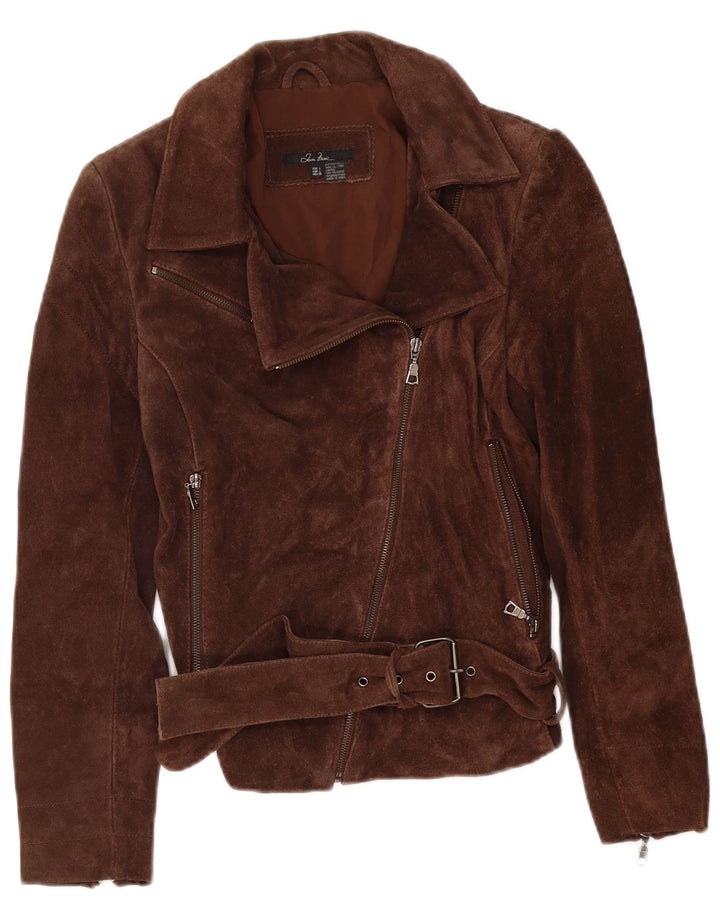 Zara Veste de motard en daim pour femme UK 14 Grand cuir marron
