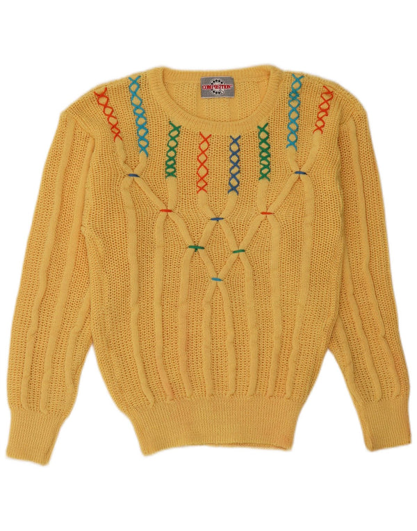 VINTAGE Femmes Bateau Cou Jumper Pull UK 12 Moyen Jaune Acrylique