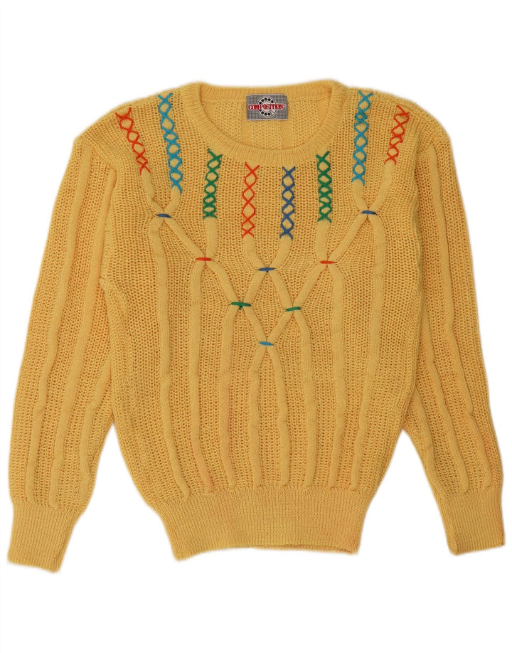 VINTAGE Femmes Bateau Cou Jumper Pull UK 12 Moyen Jaune Acrylique