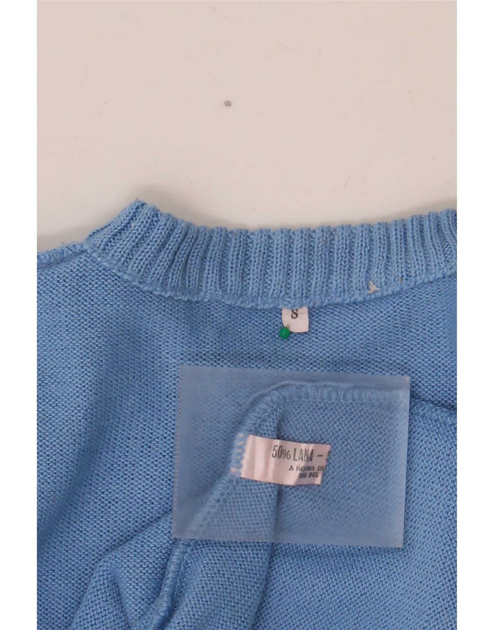 vintage Mens Crew Neck Jumper Pull Petite Laine Géométrique Bleue