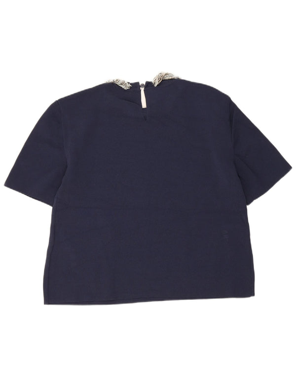 Zara Womens Crop Blouse Top UK 12 Bleu Marine Moyen Viscose
