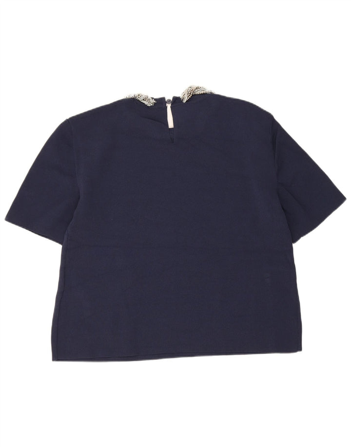 Zara Womens Crop Blouse Top UK 12 Bleu Marine Moyen Viscose