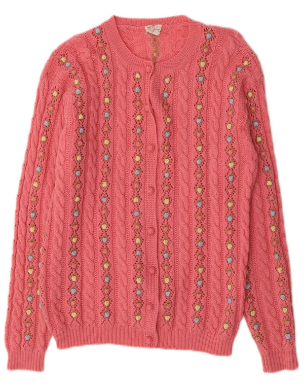 vintage Femme Cardigan Pull UK 14 Grande Laine Florale Rose