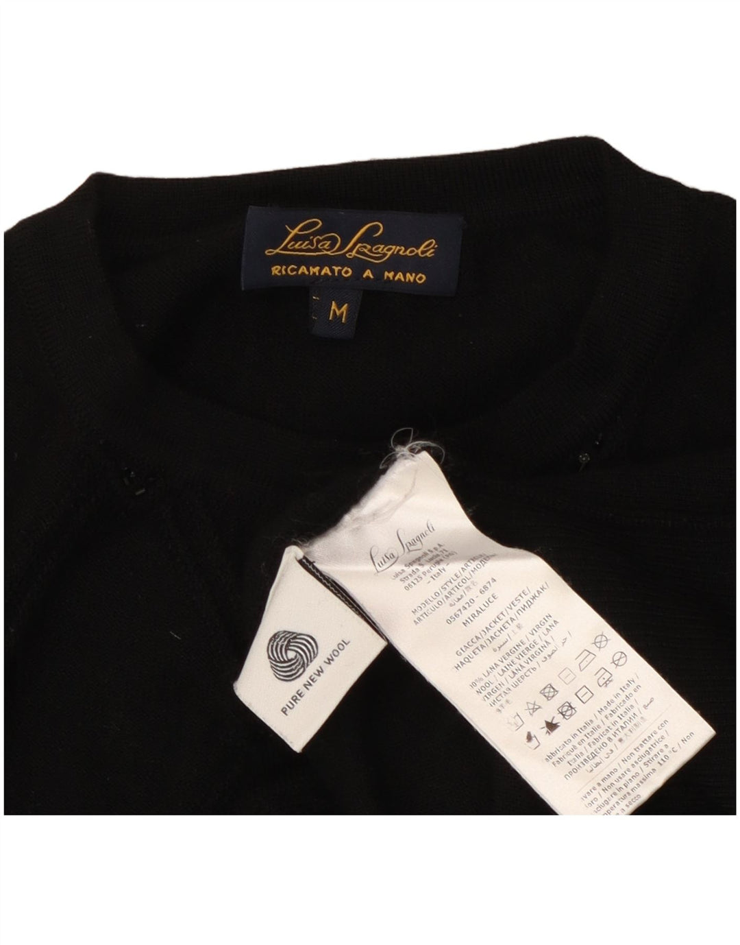 Luisa Spagnoli Pull Cardigan Femme UK 14 Laine Géométrique Noir Moyen