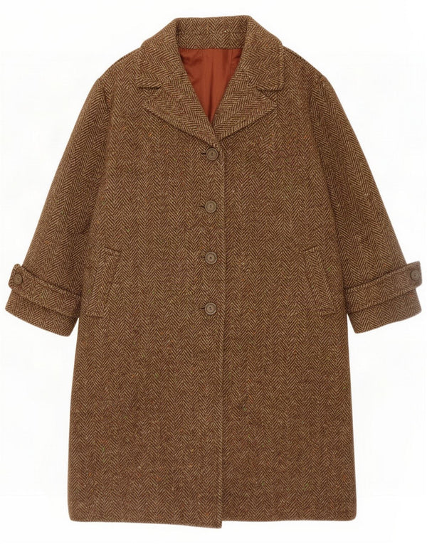 Pardessus vintage à 4 boutons pour femme UK 16 Large laine à chevrons marron