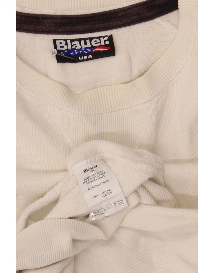 BLAUER Mens Graphic Sweatshirt Jumper Medium White Cotton Vintage Blauer and Second-Hand Blauer from Messina Hembry 