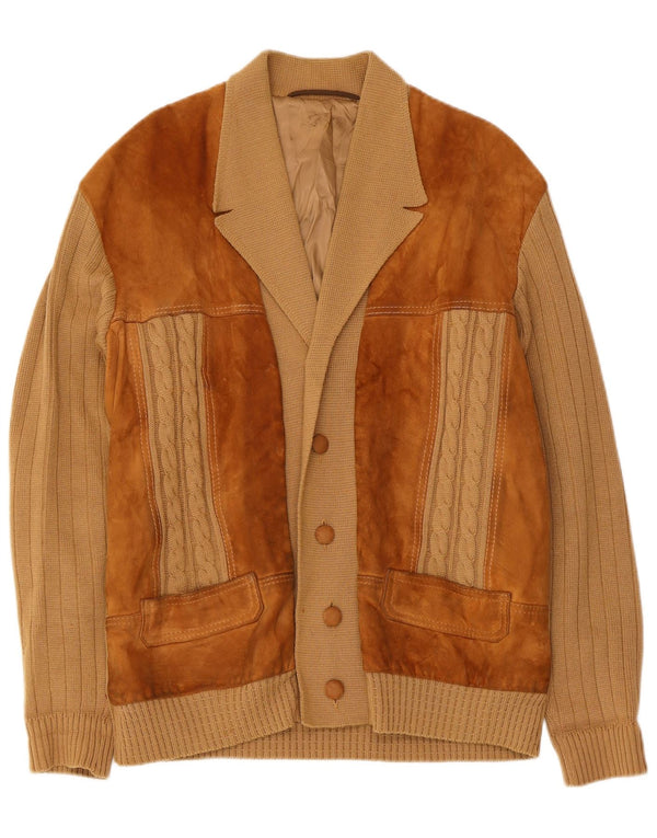 vintage Mens Daim Cardigan Pull Petit Brun