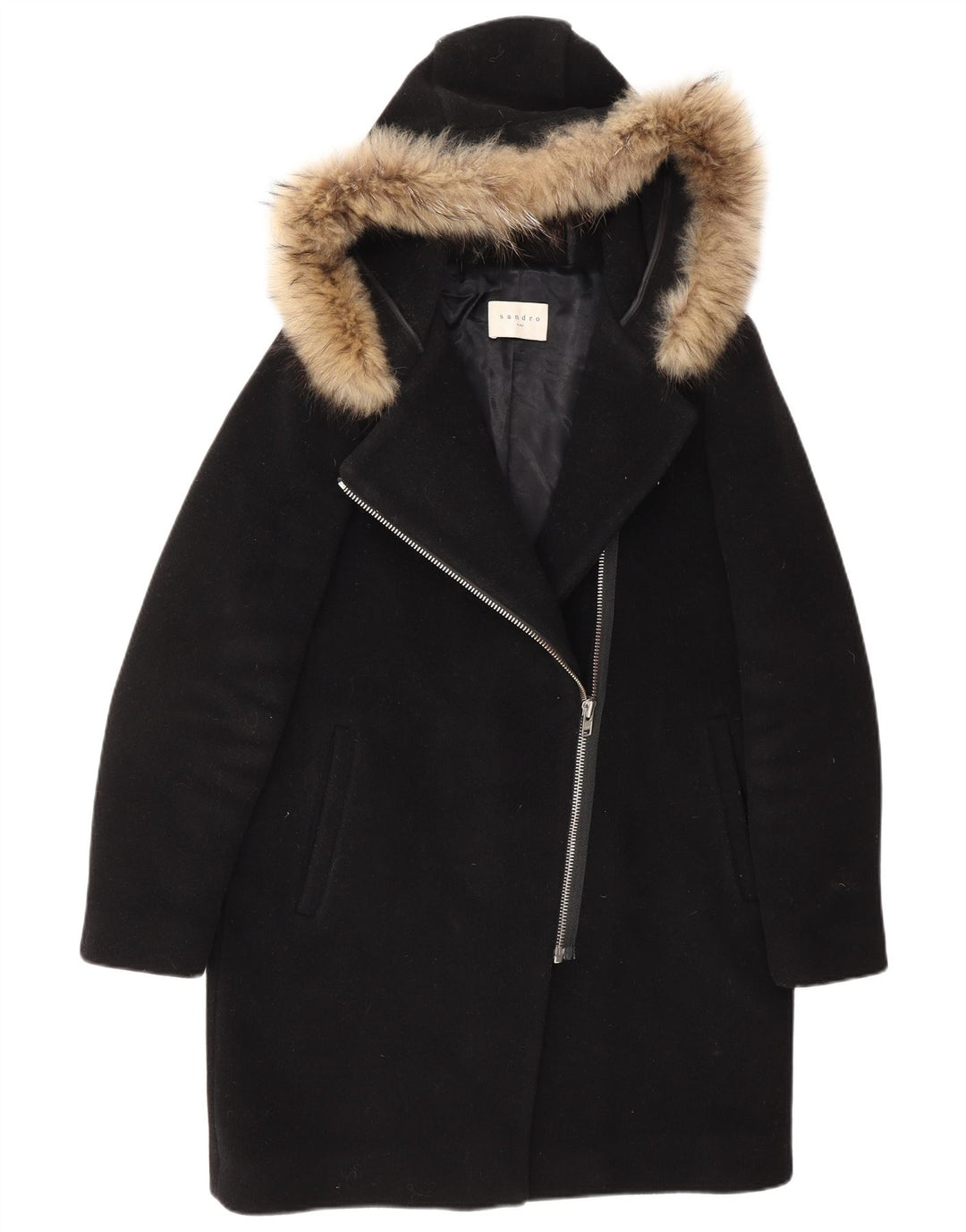 SANDRO Manteau à capuche pour femme EU 40 Laine noire moyenne