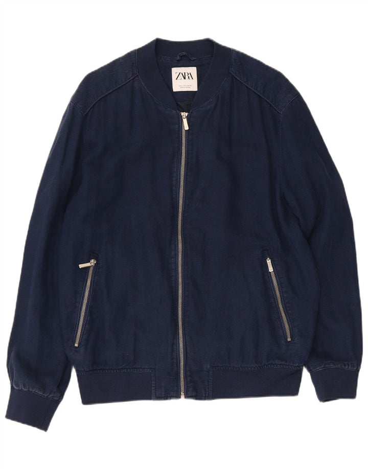 ZARA Veste Bomber Homme UK 40 Large Bleu Marine Polyester