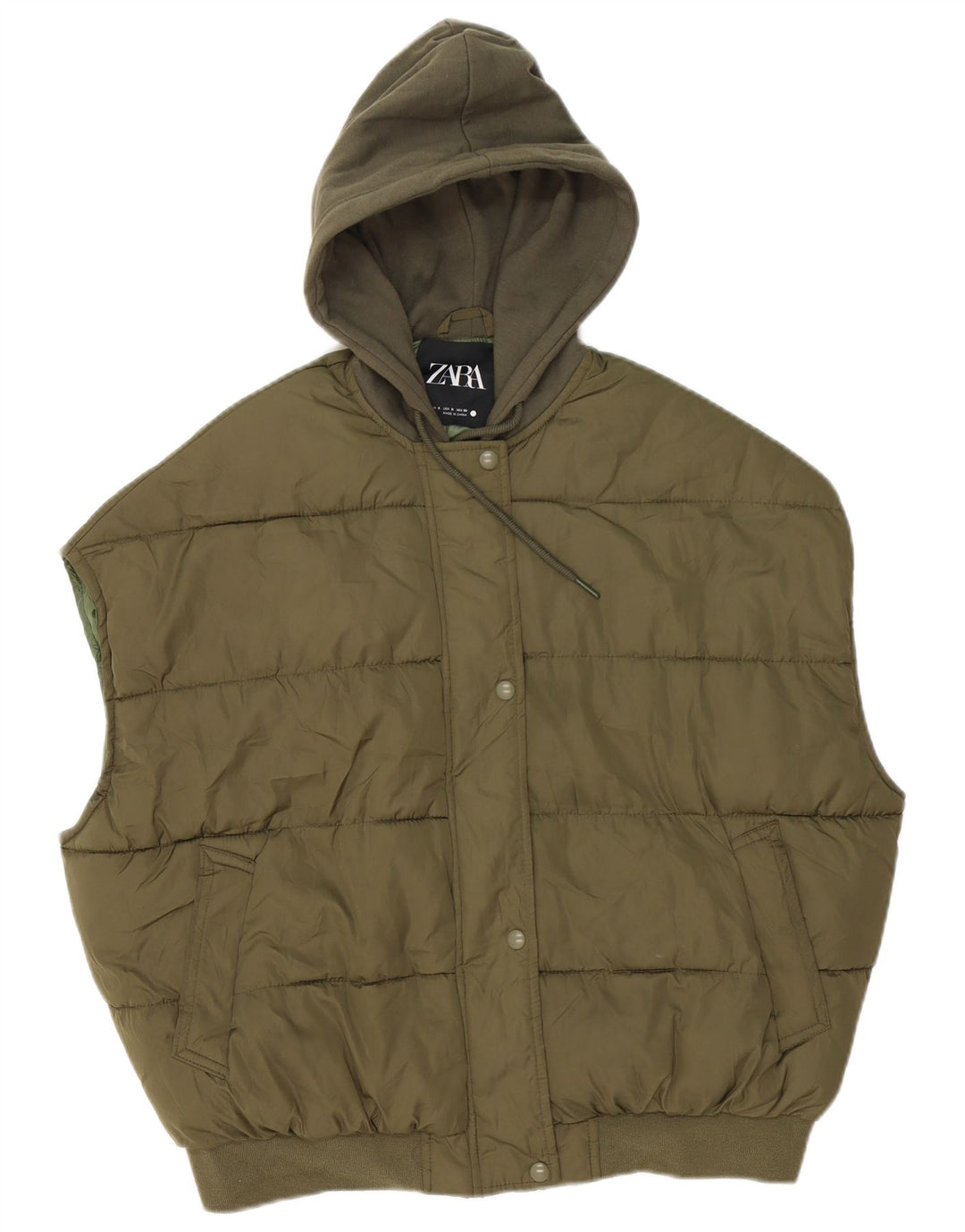 Zara Gilet rembourré surdimensionné à capuche pour femme UK 10 Petit Kaki Polyester