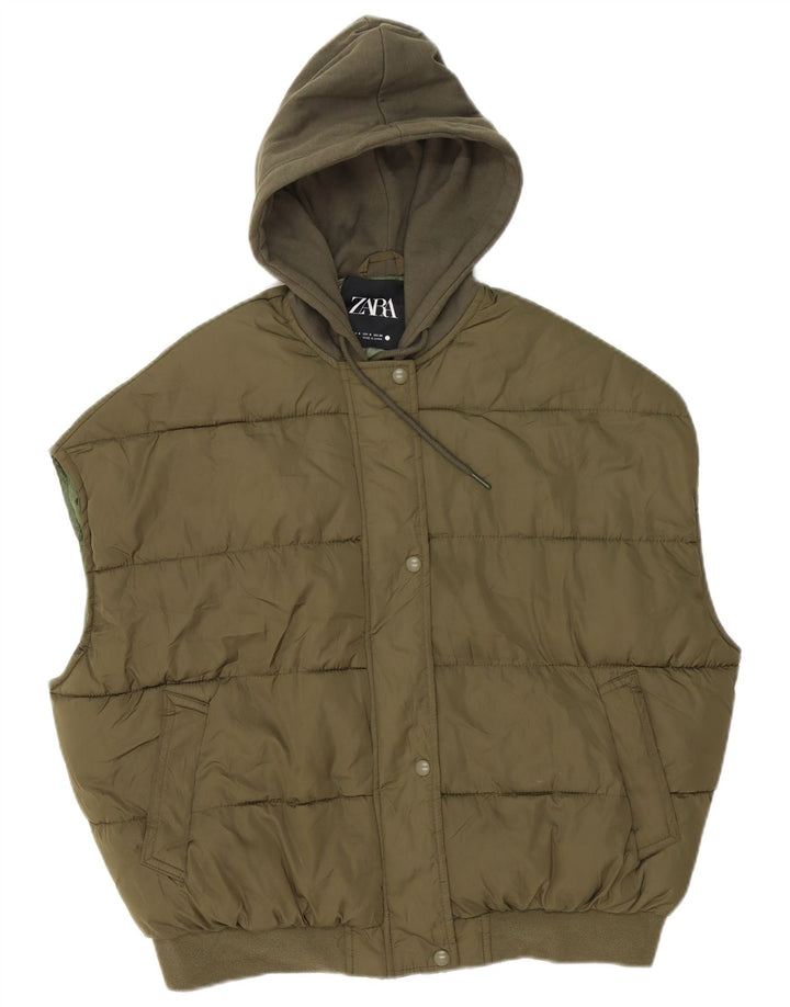 Zara Gilet rembourré surdimensionné à capuche pour femme UK 10 Petit Kaki Polyester