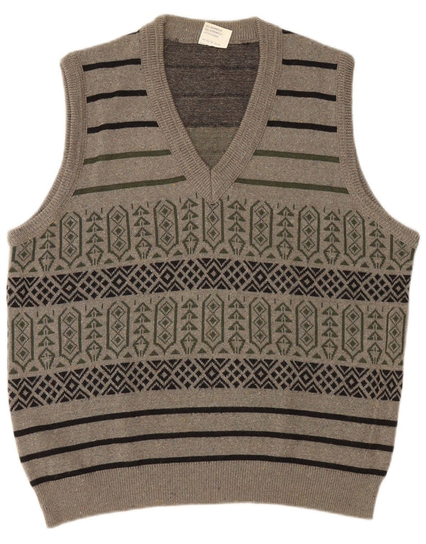 vintage Mens Vest Débardeur Grand Gris Géométrique Coton