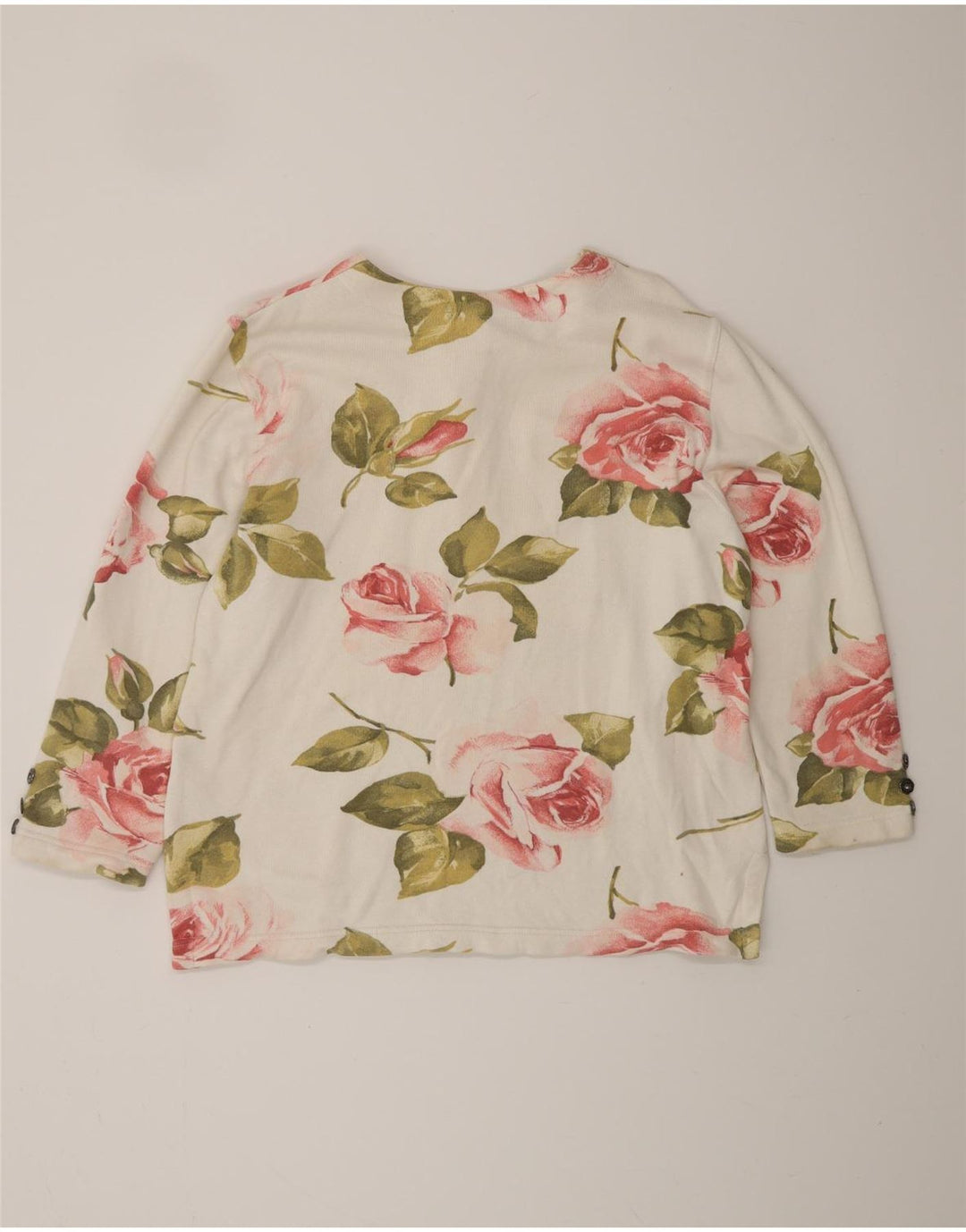 VINTAGE Femme Top Manches Longues UK 16 Grand Coton Floral Blanc Cassé