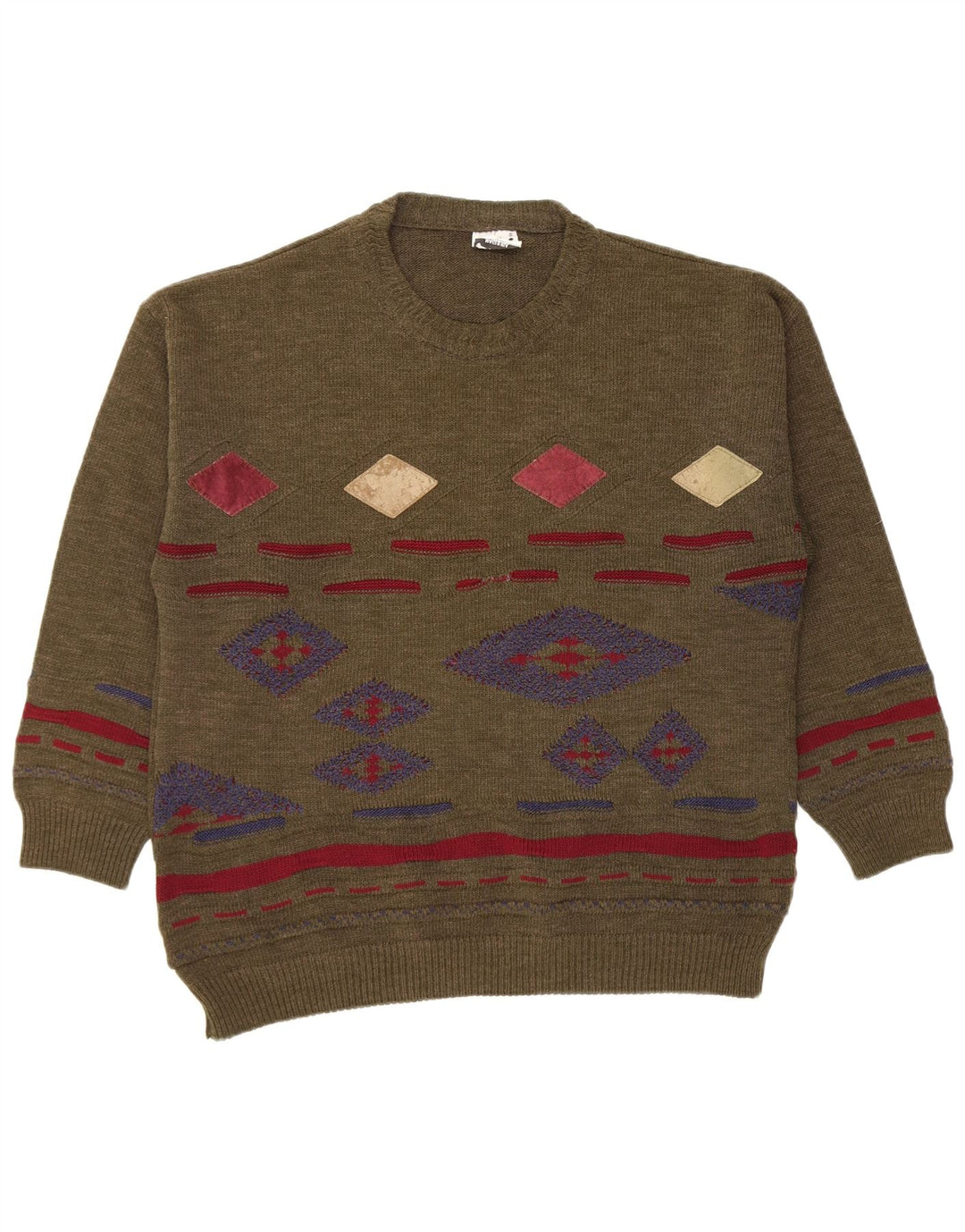 vintage Mens Crew Neck Jumper Pull Moyen Kaki Argyle/Diamant