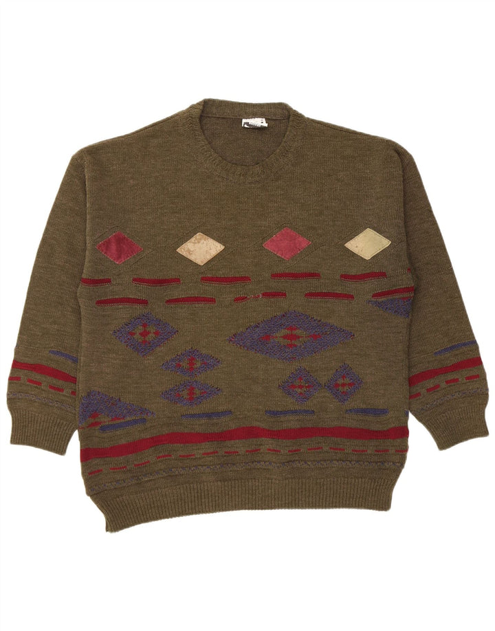 vintage Mens Crew Neck Jumper Pull Moyen Kaki Argyle/Diamant