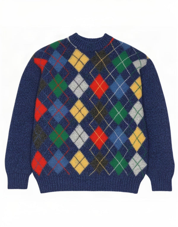 vintage Mens Crew Neck Jumper Pull IT 50 Moyen Bleu Argyle/Diamond Wool