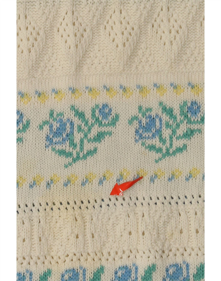 VINTAGE Femme Col Bateau Pull Pull IT 46 Grand Acrylique Floral Blanc