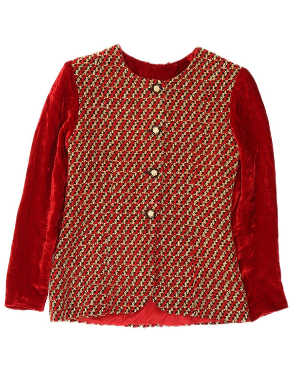 vintage Femmes 4 Bouton Velours Blazer Veste UK 8 Petit Rouge Rayé