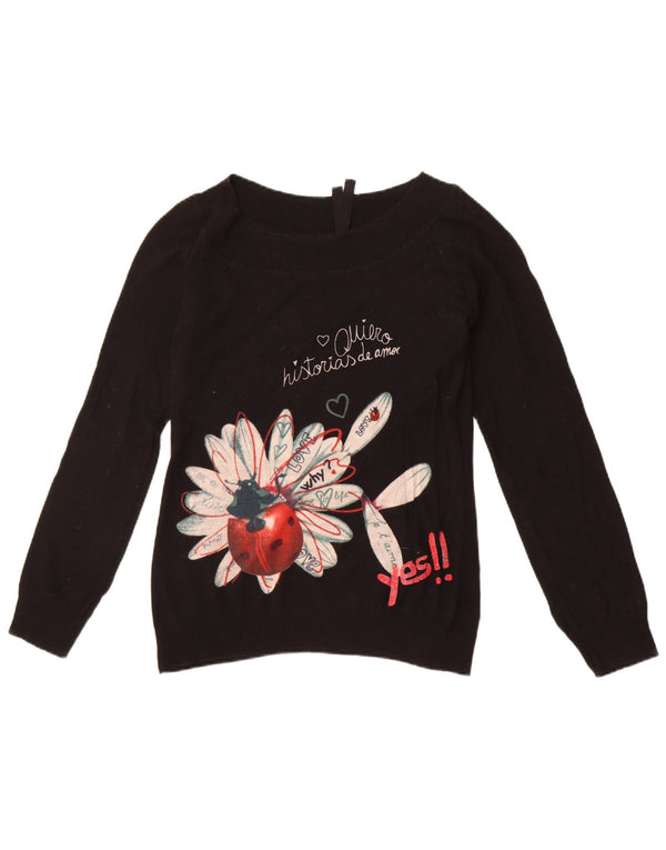 Desigual Pull graphique à col bateau pour femme UK 14 Large Noir Floral